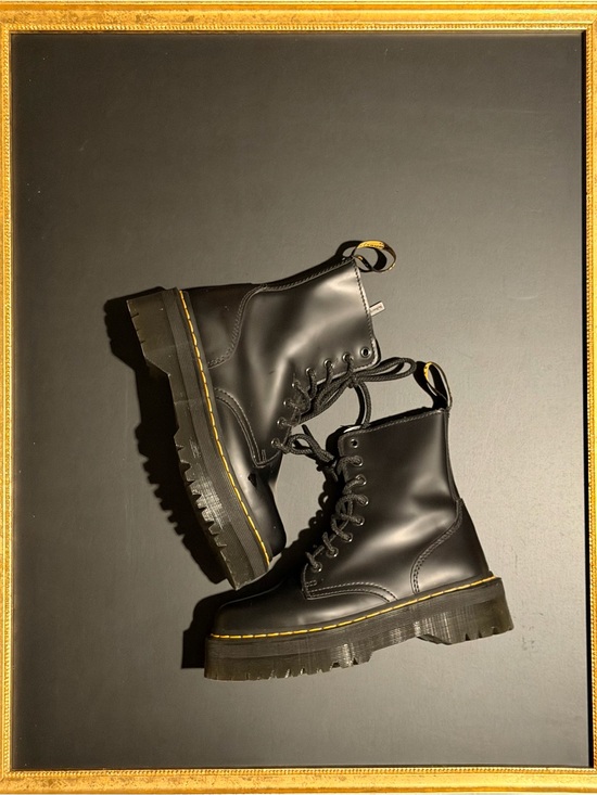 Dr. Martens Shoes - Dr. Martens Black Leather Platform Combat Boots with Yellow Stitching